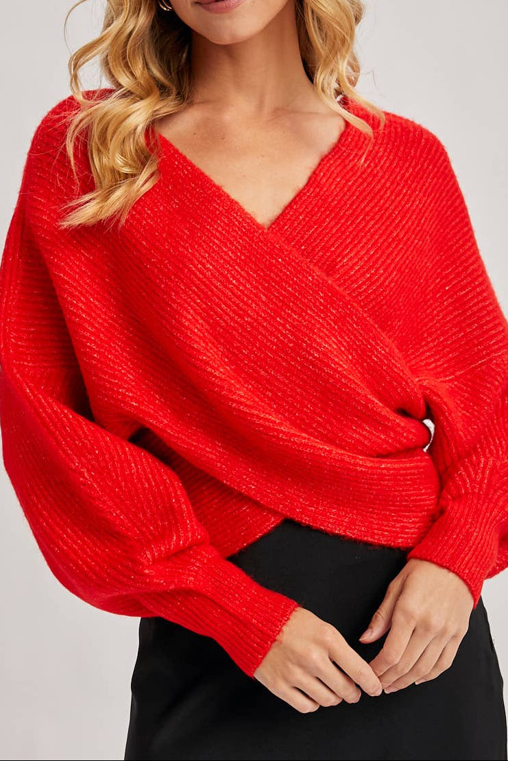 Ruby Wrap Crossover Ribbed Fuzzy Knit Sweater