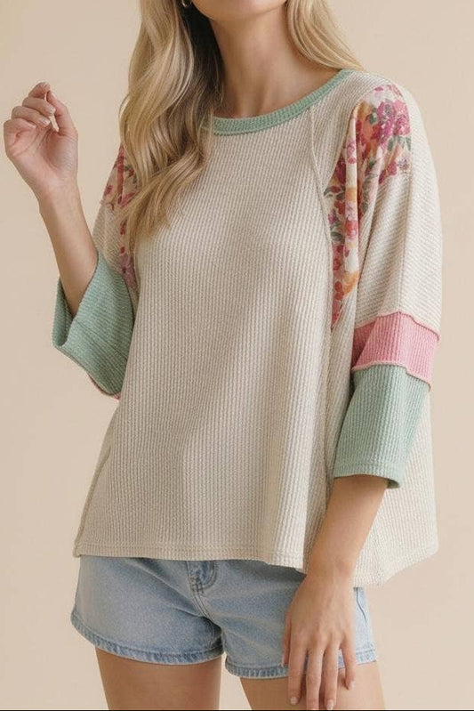 Plus Size Floral Color Block Wavy Rib Top
