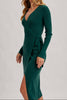 Hunter Green Ribbed Knit V-neck Wrap Midi Dress