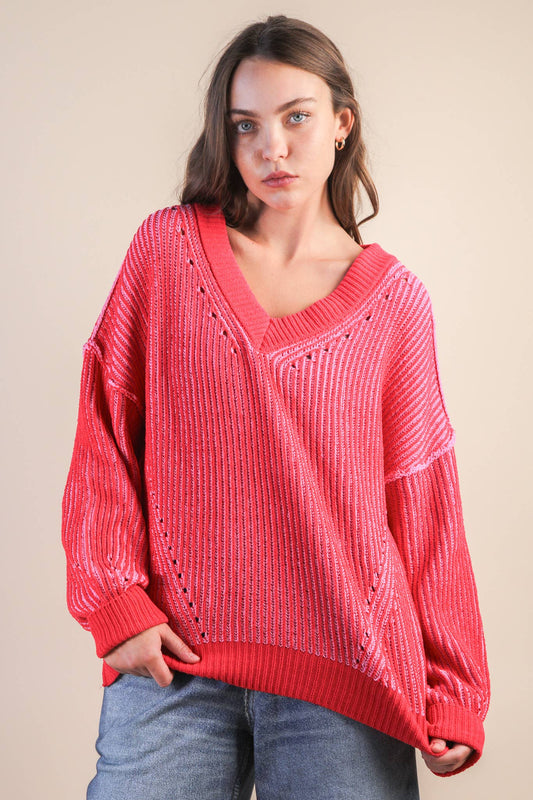 Red Ribbed V-Neck Sweater