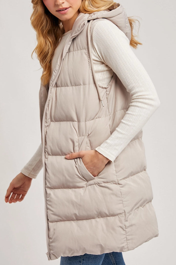 Beige Hooded Zipper Down Long Puffer Vest