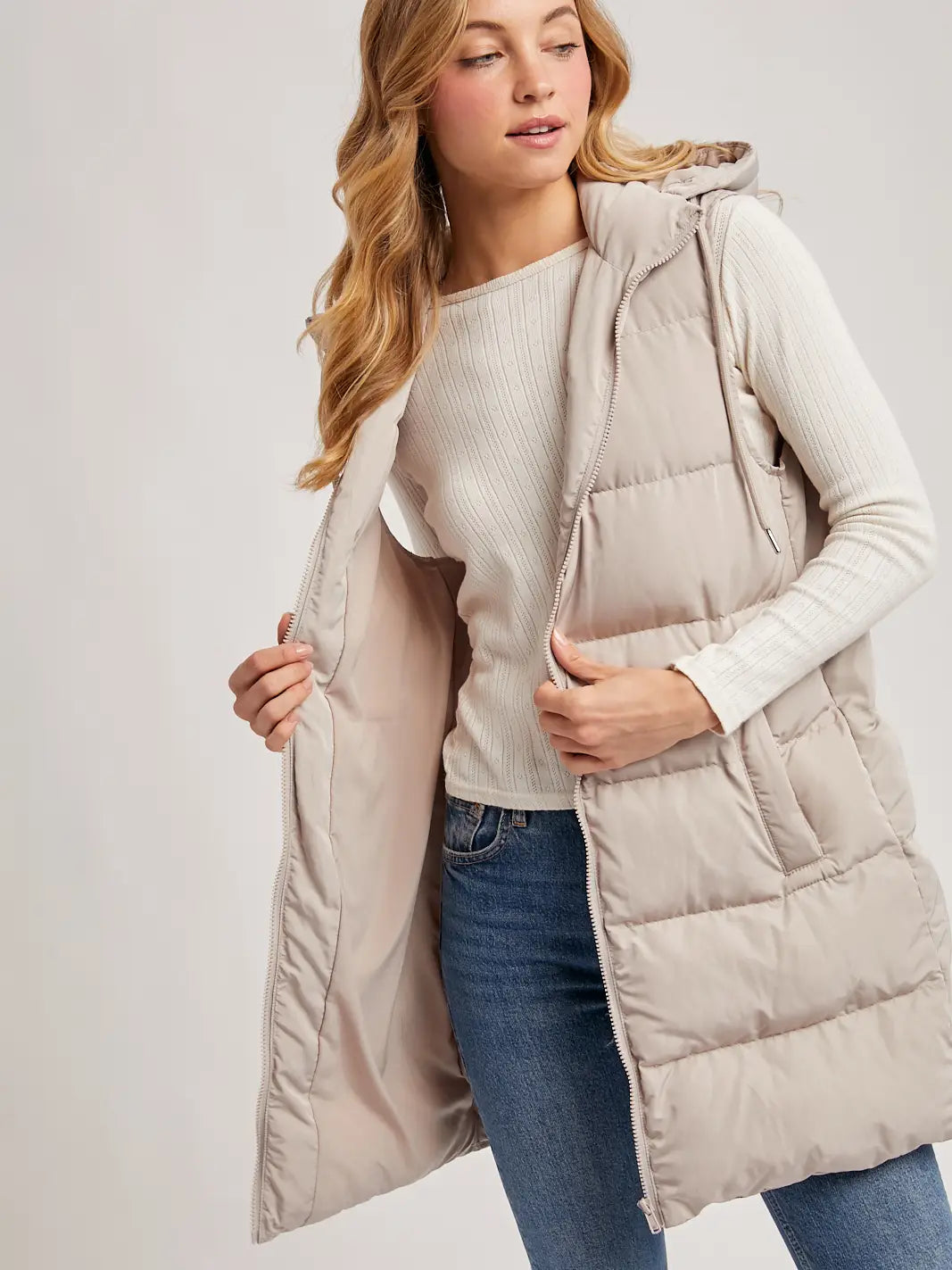 Beige Hooded Zipper Down Long Puffer Vest