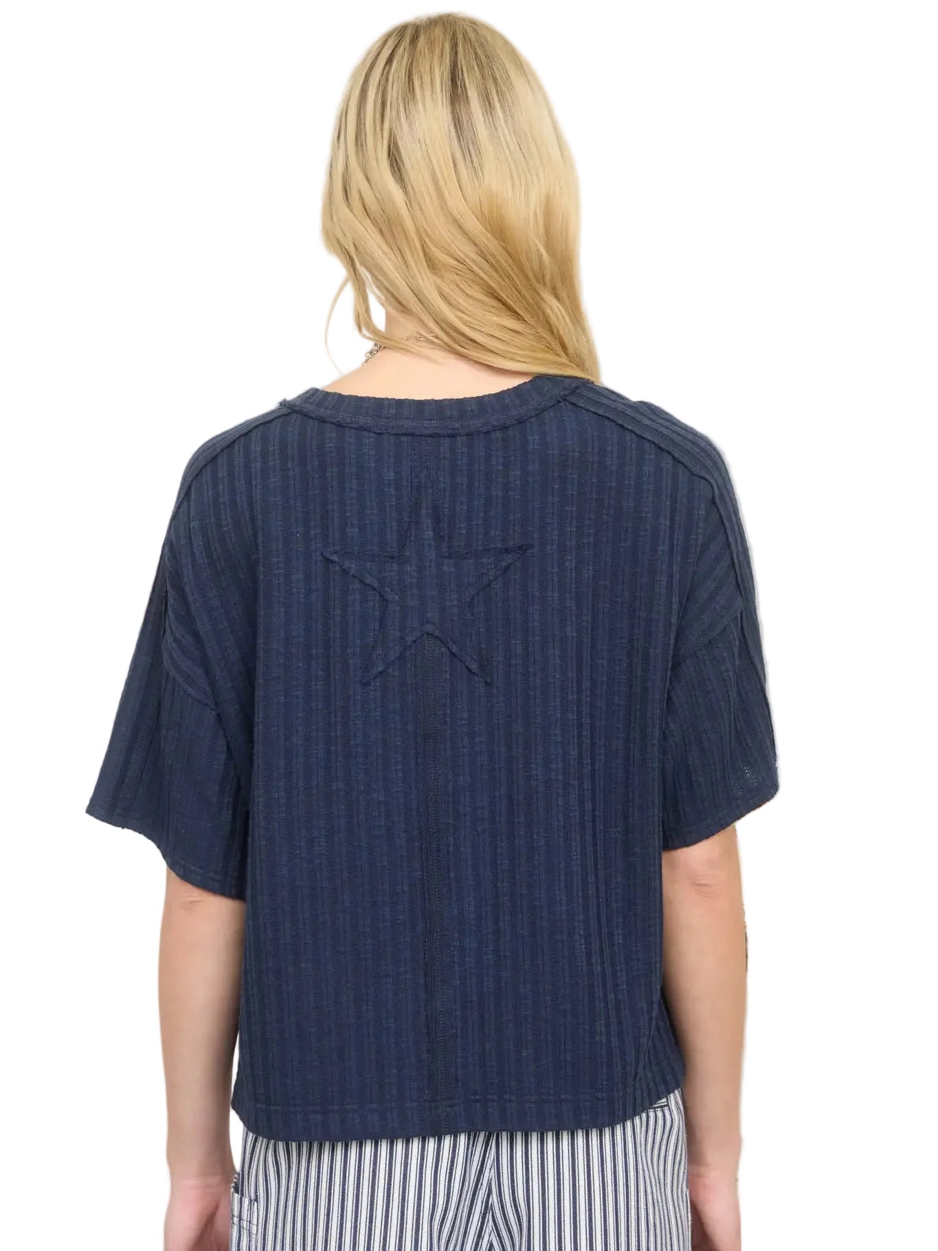 Ribbed Short Sleeve Back Star Patch Top