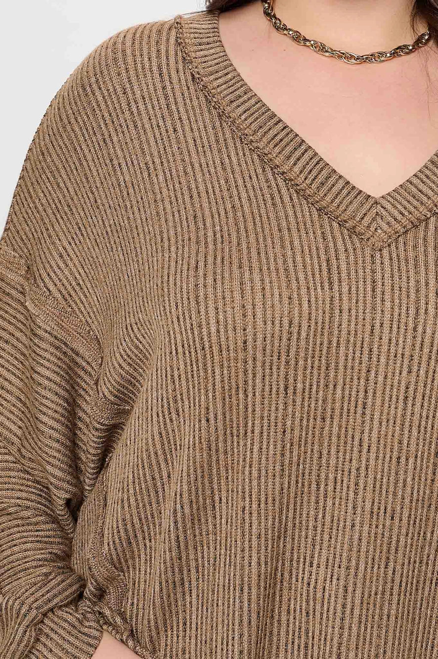 Brown Curvy Striped V Neck Top